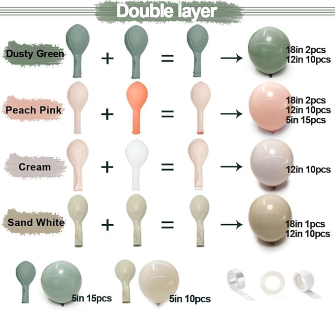 Dusty Green Pink Balloon Garland Double Stuffed Blush Pink Cream Retro Green Peach Sand White Balloon Arch Kit for Baby Bridal Shower Wedding Birthday Spring Party Decoration