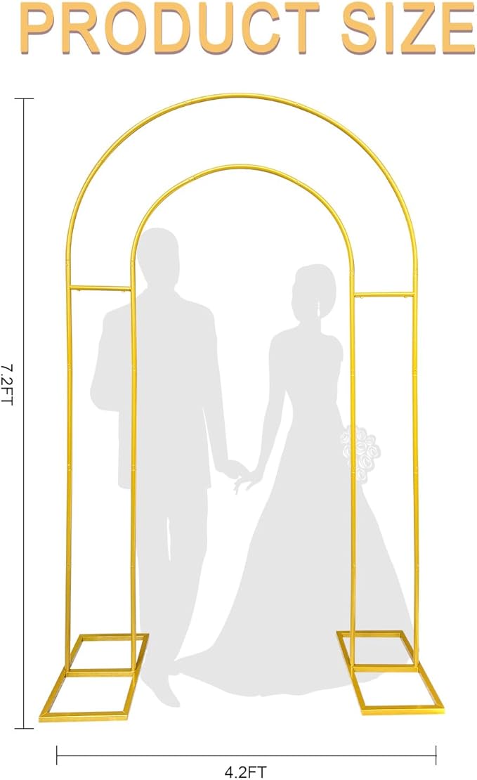 7.2FT Gold Double Arch Backdrop Stand, U-Shaped Metal Wedding Arch Frame with Open Back Design for Ceremony Baby Shower Birthday Party Garden Photo Backdrops Decorations