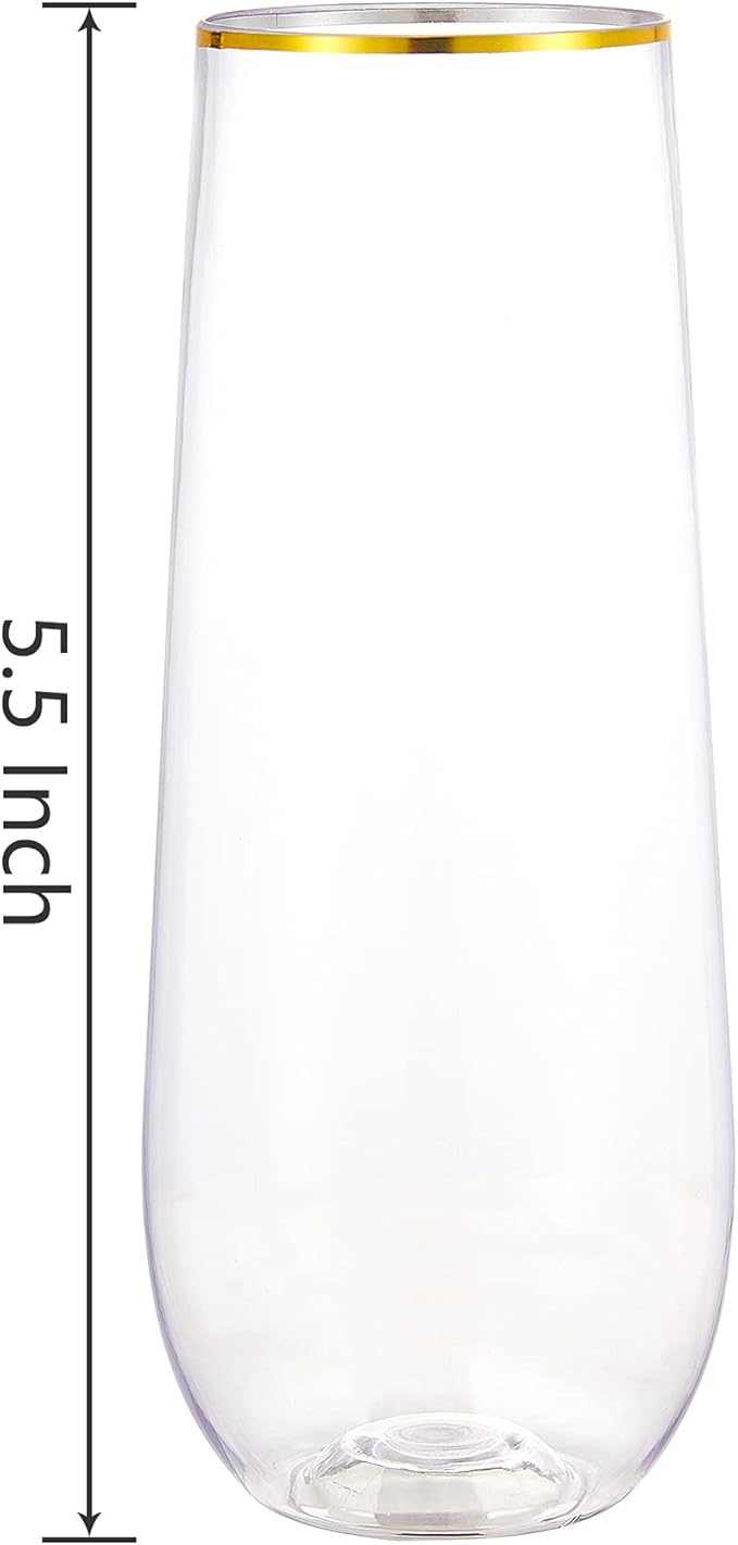 N9R 24PCS Plastic Champagne Flutes, 9 Oz Stemless Disposable Gold Rim Toasting Glasses, Crystal Clear Cocktail Cups Drinkware Shatterproof Ideal for Party Wedding Birthday
