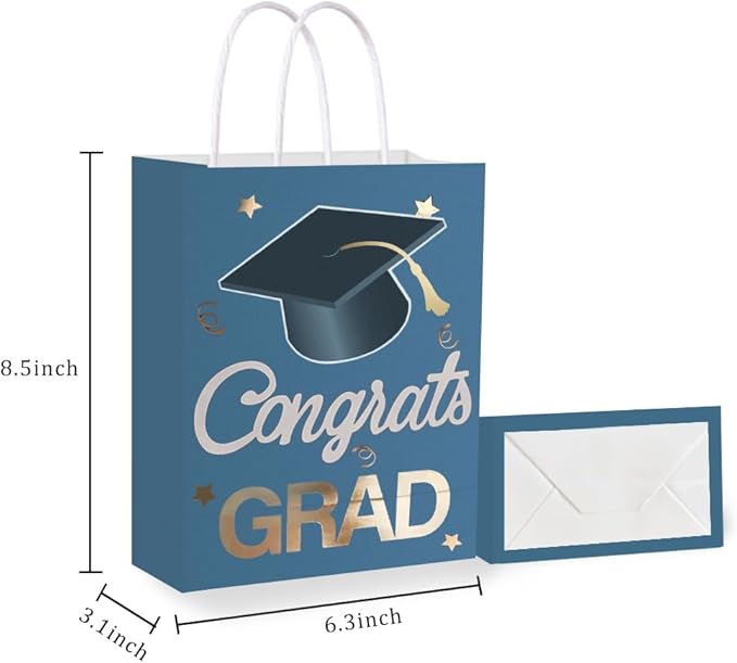 12 Pieces Graduate Gift Bags, Graduation Party Favor Gifts Wrapping Bags for Graduation Season Theme Party Supplies Decoration (Blue Gold)