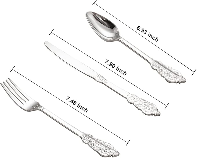 WDF 200 Pieces Silver Plastic Silverware Disposable - 50Guests Silverware Plastic Cutlery - Disposable Utensils Includes 100 Forks, 50 Spoons, 50 Knives Perfect for Christmas Wedding or Party