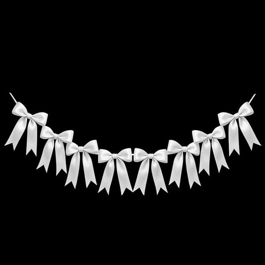 1 String of 8PCS White Bow Garland Banner Decoration,Pre-Strung Satin Ribbon Ornaments for Birthday,Bachelorette Party,Bridal Shower,Wedding, Engagement,Baby Shower,Graduation Decor,Anniversary