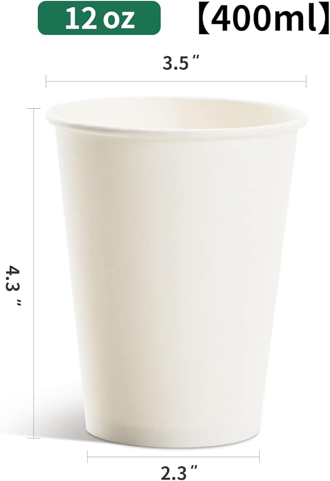 RACETOP Disposable Paper Coffee Cups 12 oz [100 Pack],12 oz White Hot Coffee Paper Cups, Thickened Paper Style
