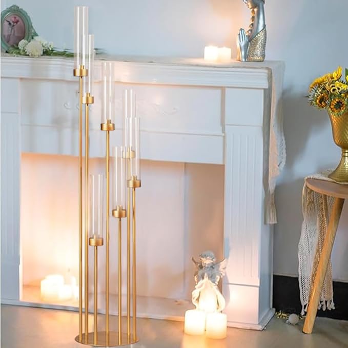 7 Arm Candelabra Centerpieces for Wedding,Floor Candelabra Gold Candle Centerpieces for Table Halloween Christmas Ceremony Dinner Party candelabros para centros de mesa(12PCS)