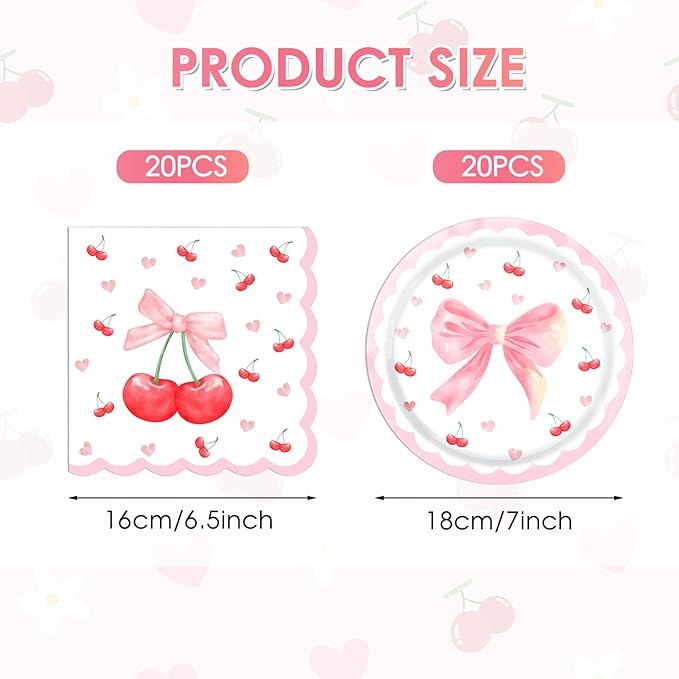 40PCS Cherry Birthday Party Decorations - Disposable Tableware Cherry Party Supplies, Plate, Napkin for Fruit Girls/Summer Cherry Theme Birthday Baby Shower Table Decorations Fit 20 Guests