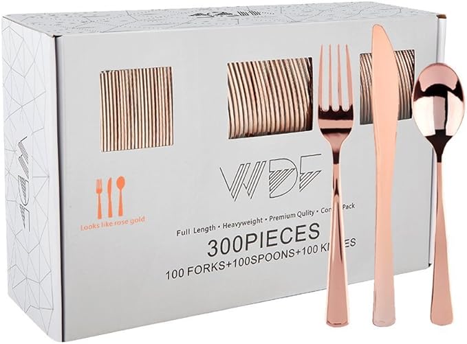 WDF 300 Pieces Rose Gold Plastic Silverware- Disposable Flatware Set - Heavy Duty Plastic Cutlery Includes 100 Forks, 100 Spoons, 100 Knives Perfect for Wedding, Party