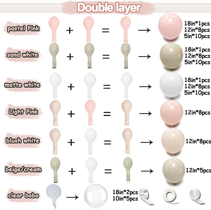 Pink White Sand Balloon Garland Double Stuffed Pastel Pink Cream Beige Balloon Arch Kit Boho Light Blush Nude Balloons for Baby in Bloom Baby Shower Women Birthday Wedding Party Decor