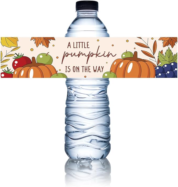 100Pcs A Little Pumpkin Is on The Way Baby Shower Water Bottle Labels Waterproof Wrappers for Fall Baby Shower Decorations and Party Drink Stations