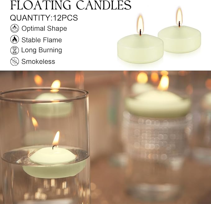 12 Pcs 2 - inch Floating Candles, Ivory, Smokeless and Unscented, Burns Continuously for 5-6 Hours, Be Good for Holidays, Weddings, Vacations, and Home Décor.