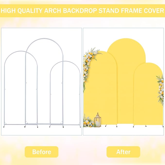 (7.2FT, 6.6FT, 6FT) Wedding Arch Cover Set of 3 Yellow Spandex Fitted Arch Cover for Round Top Chiara Backdrop Stand Covers for Birthday Party Banquet Photo Background Decoration