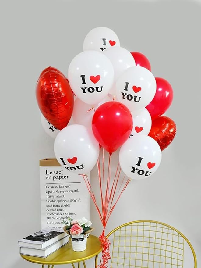 Valentines Day Balloons, 12 Inch Red White Ballons Heart Balloon I Love You Printed Romantic Valentines Day Balloon For Wedding Anniversary Party Decoration Supplies