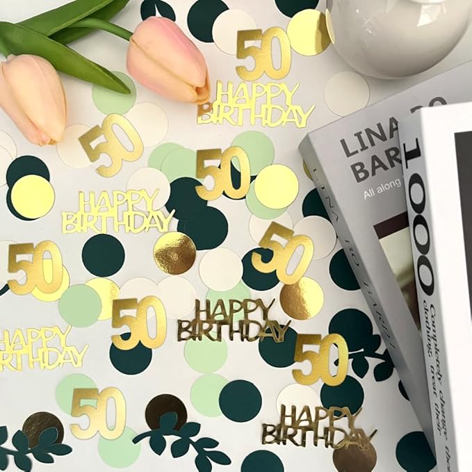 Sage Green 50th Happy Birthday Confetti, 50th Birthday Table Decorations Scatter Green Gold Foil Cake Confetti Decorations for 50 Bday Women Men Party Decor 230 Pcs