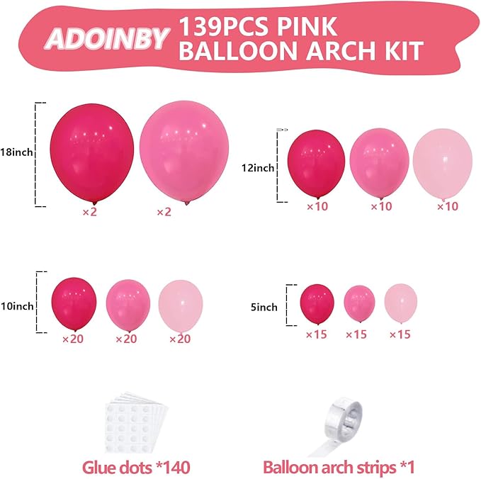 139Pcs Pink Balloon Arch Kit, 18 12 10 5 Inch Different Size Balloons for Wedding Birthday Princess Theme Baby Shower Bridal Shower Party Decorations