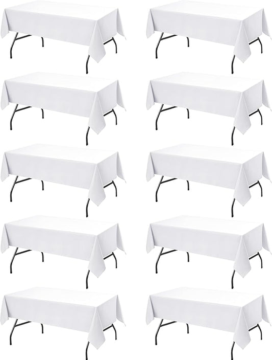 10-Pack White Tablecloths for Rectangle Tables, 54 x 108 Inches, Stain-Resistant Polyester Fabric for 6 Foot Tables - Washable Table Covers for Weddings, Banquets, Birthday Parties, Events