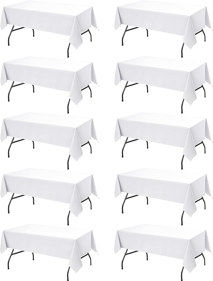 10-Pack White Tablecloths for Rectangle Tables, 60 x 102 Inches, Stain-Resistant Polyester Fabric for 6 Foot Tables - Washable Table Covers for Weddings, Banquets, Birthday, Parties, Events