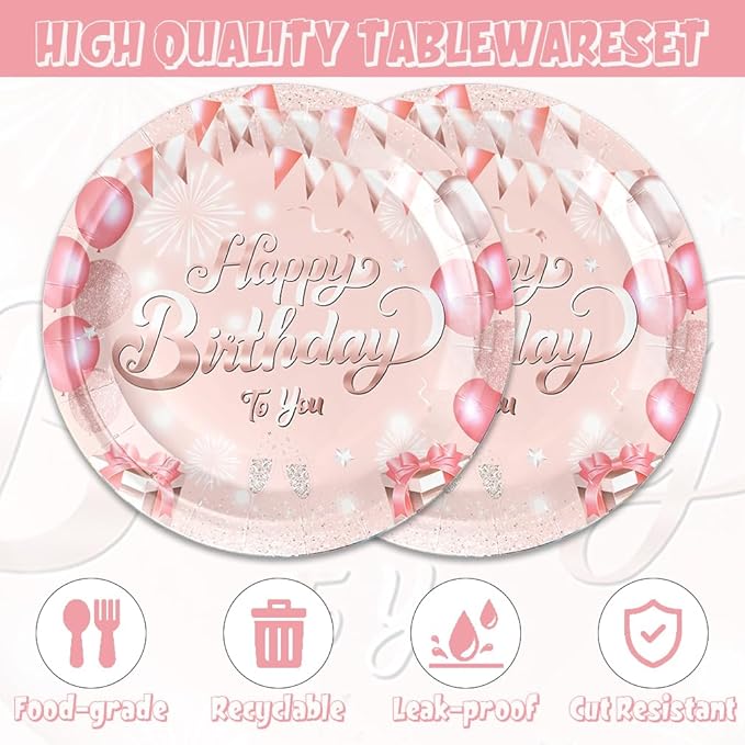 40Pcs Rose Gold Birthday Party Decorations Plates and Napkins Pink Happy Birthday Tableware Set for Girls Women Serve 20 Guests