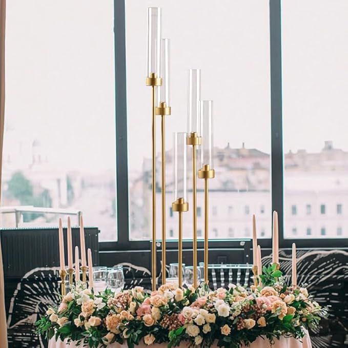 2PCS Gold Floor Candelabra,5 Arm Candle Holder Tall Floor Candle Holder with Acrylic Lampshade for Wedding Table Birthday Party Home Decoration Fit LED Taper Candles