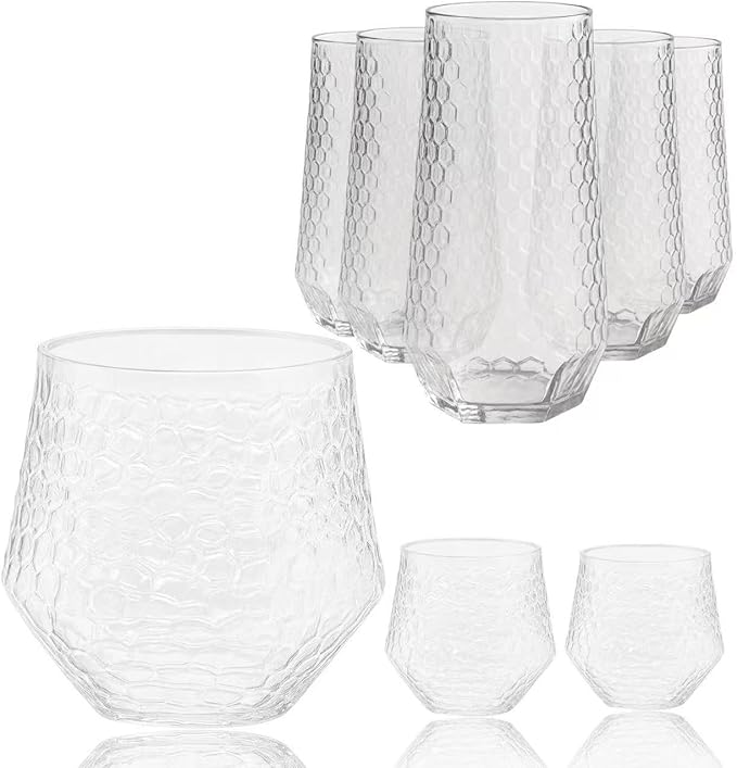 48 Pack Ribbed Origami Ripple Plastic Glasses 24 9oz Stemless Champagne Flutes & 24 12oz Cups BPA-Free, Disposable, Shatterproof Drinkware for Weddings, Bars, Events (Hammered Diamond Clear)