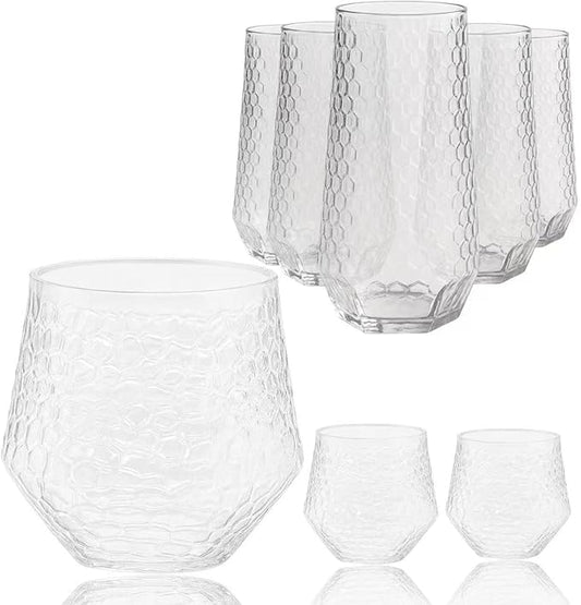 48 Pack Ribbed Origami Ripple Plastic Glasses 24 9oz Stemless Champagne Flutes & 24 12oz Cups BPA-Free, Disposable, Shatterproof Drinkware for Weddings, Bars, Events (Hammered Diamond Clear)