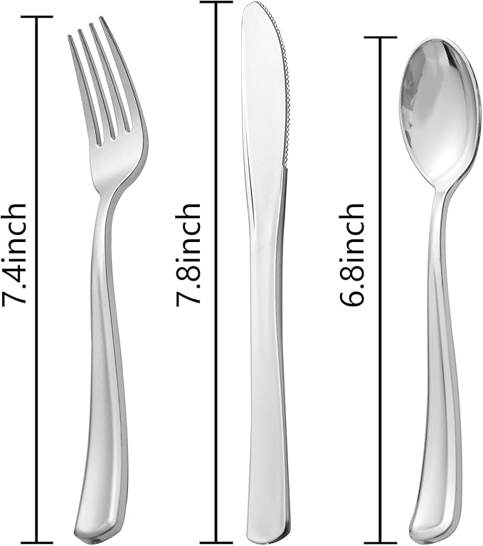 Nervure 300 Pack Silver Plastic Silverware - Disposable Silver Plastic Cutlery Set - Heavy Duty Silverware Include 150 Forks, 75 Knives, 75 Spoons Perfect for Parties, Dinners & Weddings