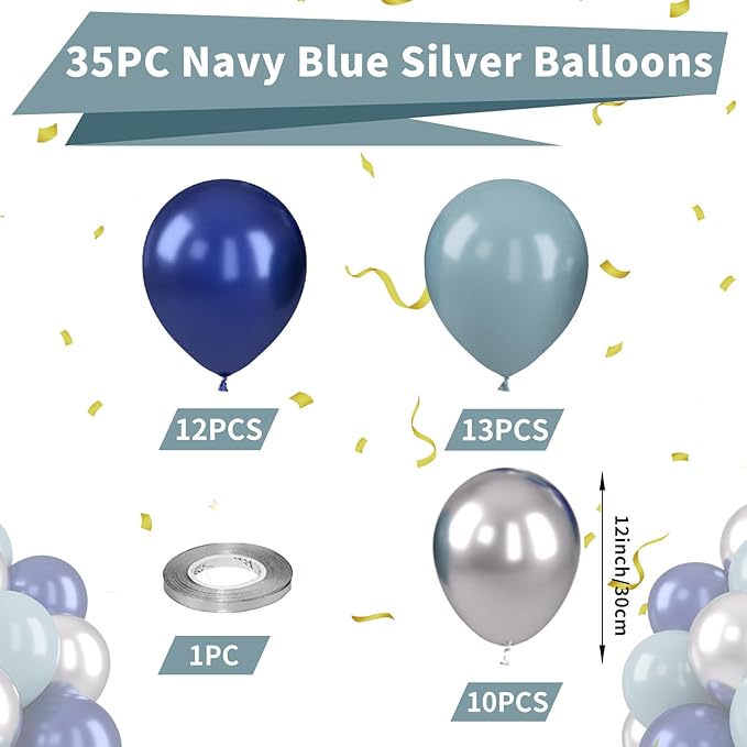 Navy Blue Silver Balloons, Dusty Blue Silver Balloons 12 Inch Retro Blue Latex Balloons for Boho Birthday Baby Shower Party Wedding Bridal Shower Anniversary Graduations Decorations Supplies