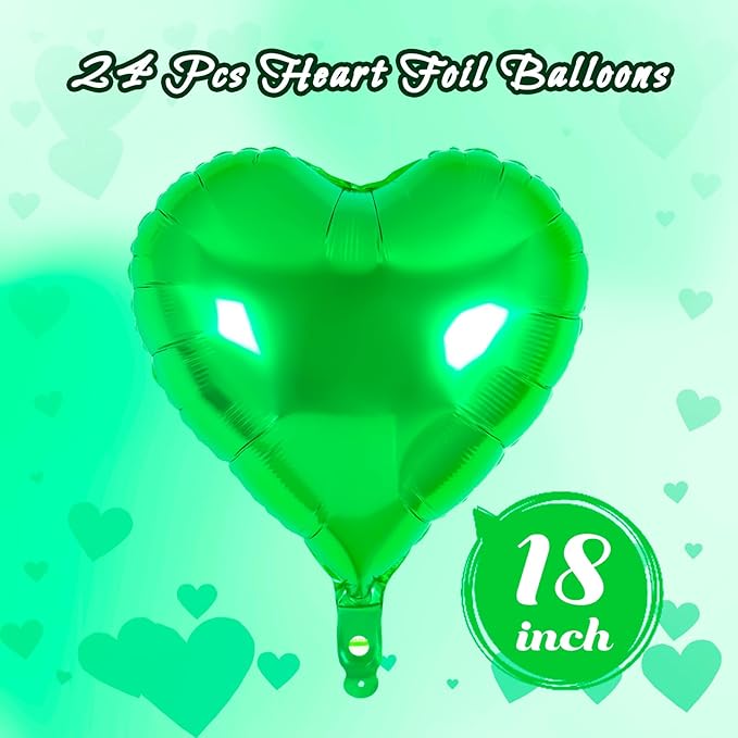 24 Green Heart Balloons, 18 inch Heart Shape Foil Love Balloons for Valentine's Day, Birthday, Wedding & Engagement Parties, Baby Showers - Green