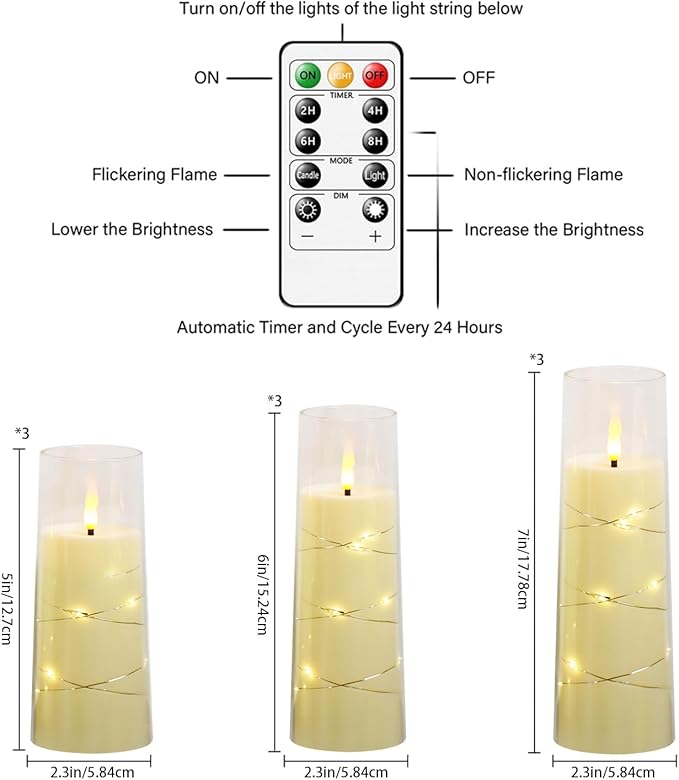 Flickering Flameless LED Candles,Battery Operated Candles 9 Pcs with Embedded Star String,Acrylic LED Pillar Candles with Remote,Suitable for Home Decoration to Create an Atmosphere (Ivory)