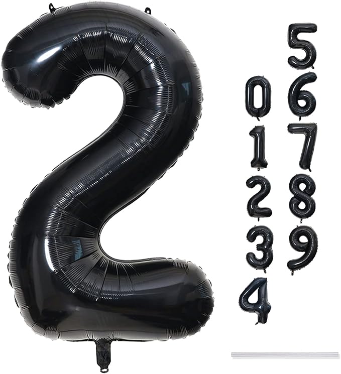 Black Foil Balloon Number 2, 40'' Giant Self Inflating Number Balloons Set 0-9, Large Number 2 Helium Balloon for Girls Boys 2nd Birthday Graduation Anniversary Halloween Party Decorations Supplies