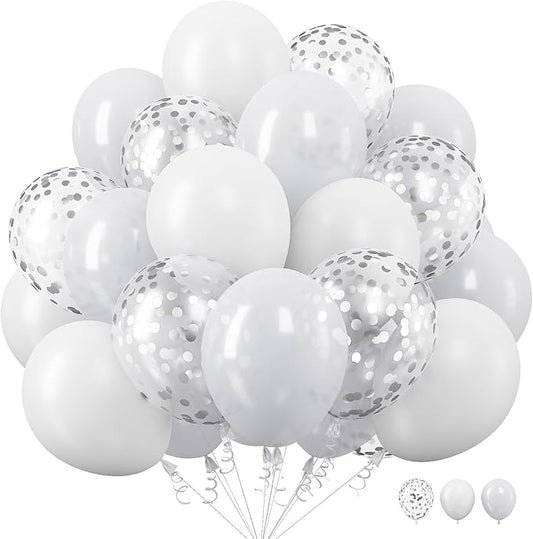 White Balloons, 12 Inch Pearl Pure White Ivory Latex Balloon with Silver Confetti Balloons for Boho Birthday Baby Shower Wedding Bachelorette Retirement Valentine’s Day Party Decorations