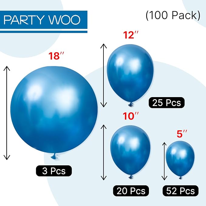 PartyWoo Metallic Blue Balloons 100pcs Different Sizes of 18 12 10 5 Inch Chrome Blue Latex Balloons for Graduation Wedding Baby Shower Wedding Bachelorette Birthday Party Decorations Blue-G106