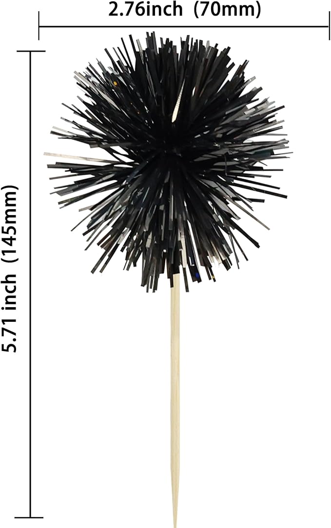 Gyufise 30Pcs Foil Firework Cupcake Toppers Sparkle Tinsel Cake Toppers Tinsel Drink Cake Decoration Cocktail Picks for Birthday Wedding Graduation Party Supplies Black