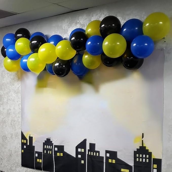 Balloons Blue Yellow and Black 60 Pcs, 12 Inch Dark Blue Yellow and Black Latex Balloons with Metallic Silver Balloons for Boys Police Robots Bat Hero Birthday Graduation Halloween Party Decorations