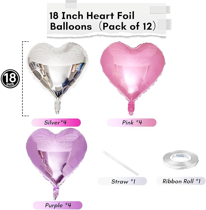 Pink Purple Foil Heart Balloons, 18 Inch 12Pcs Lavender Purple Pink and Silver Heart Shape Foil Balloons, Light Violet Purple Helium Balloon for Girls Women Birthday Wedding Valentines Butterfly Party