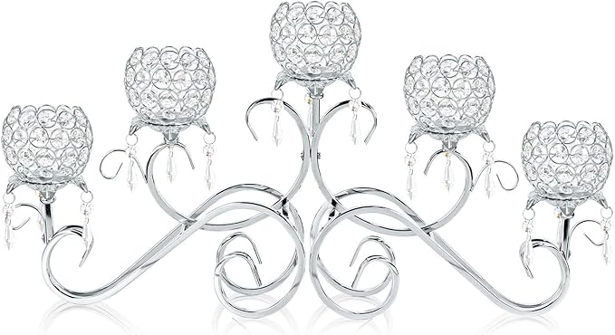 Silver 5 Arms 26.8 Inches Wide Crystal Pendant Bowl Tea Light Candle Holder, Large Bling Centerpiece Table Decorations, Metal Votive Candle Holders for Dining Table(Silver, Bowl-Shaped)