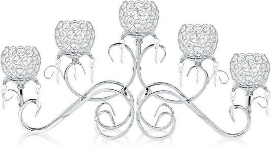 Silver 5 Arms 26.8 Inches Wide Crystal Pendant Bowl Tea Light Candle Holder, Large Bling Centerpiece Table Decorations, Metal Votive Candle Holders for Dining Table(Silver, Bowl-Shaped)