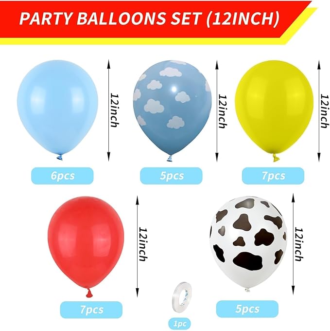 Color Balloons - 12 Inch Red, Blue, Yellow Cow Print Sky Blue Cloud Story Balloons for Party Themed Decor