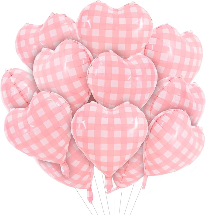 TONIFUL 15Pcs 18 Inch Checkered Pink Balloons Checkered Pink Heart Shape Foil Mylar Banners Decoration for Birthday Valentine's Day Wedding Bridal Shower Anniversary Engagement Party Supplies