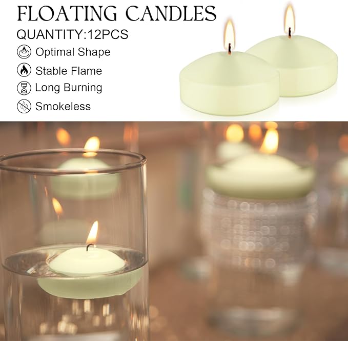 12 Pcs 3 - inch Floating Candles, Smokeless and Odourless, Burns for 8-10 Hours, Ivory, Suitable for Festivals, Weddings, Holidays, Home Decoration.