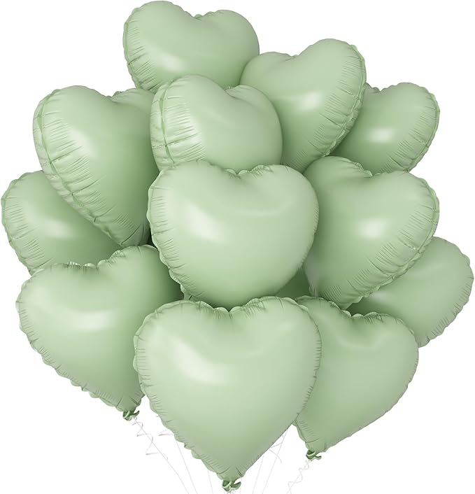 Sage Green Heart Balloons,12Pcs Olive Green Heart Shaped Foil Balloons,18Inch Pastel Green Helium Polyester Film Balloon for Baby Shower Birthday Anniversary Wedding Party Decorations