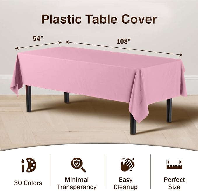 Party Solids 6-Pack Premium Plastic Tablecloth 54in. x 108in. Rectangle Plastic Table Cover - Pink