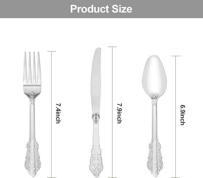 300PCS Silver Plastic Silverware for 100 Guests, Heavy Duty Silver Disposable Utensils Sets, Includes 100 Forks, 100 Spoons, 100 Knives, Elegant Cutlery Perfect for Wedding or Party