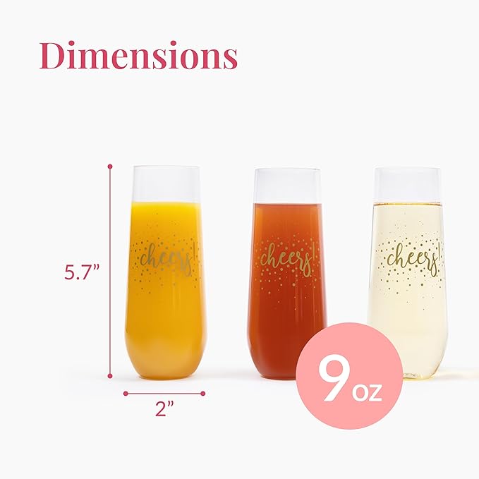 Prestee 24 Pack Stemless Plastic Champagne Flutes - 9 Oz Disposable Cheers Toast Cups for New Years Eve - Shatterproof Drinkware for Cocktails, and Mimosa Bar Supplies