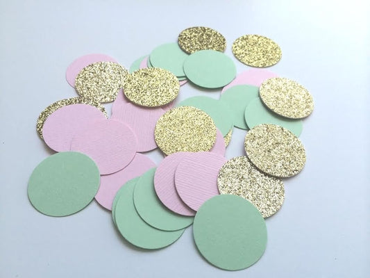 Mint, Pink and Gold Glitter Circle Confetti. Party Decorations. 80 Piece Confetti.