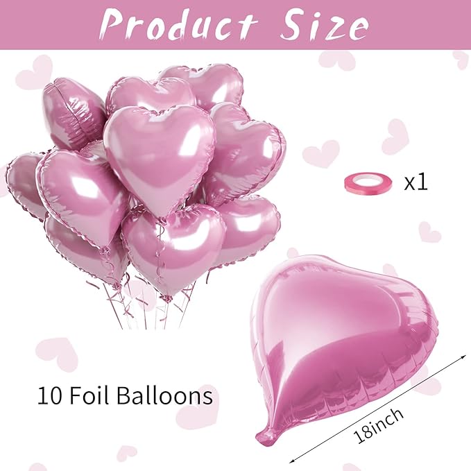 Biapian Pink Foil Heart Balloons, 10PCS Pink Heart Shape Balloons, Valentines Balloons 18inch Pink Love Foil Balloons for Helium Birthday Decorations for Valentines Day, Wedding Party, Anniversary