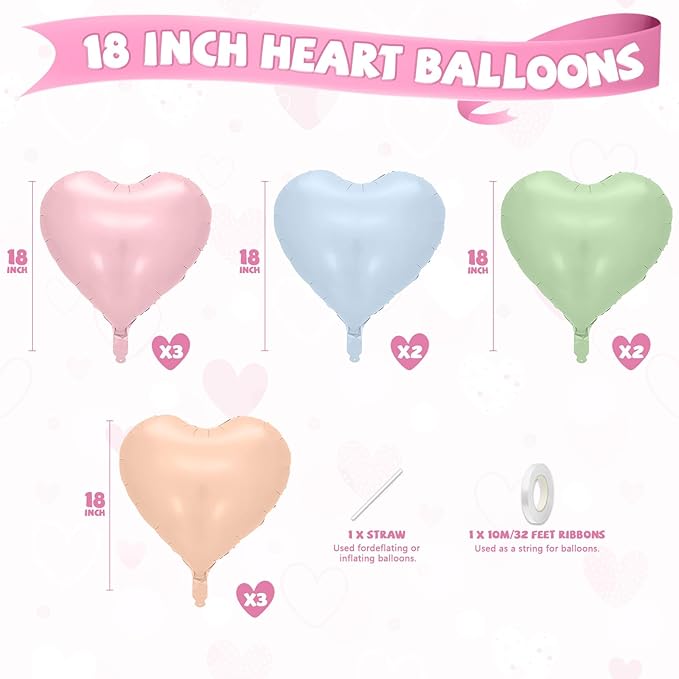 Pink Blue Green Heart Balloons, 10 Pcs Pastel Heart Shaped Balloon, 18 Inch Baby Pink Blue Sage Green Foil Balloons for Boho Garden Wildflower Brithday Baby Shower Valentines Tea Party Decoration