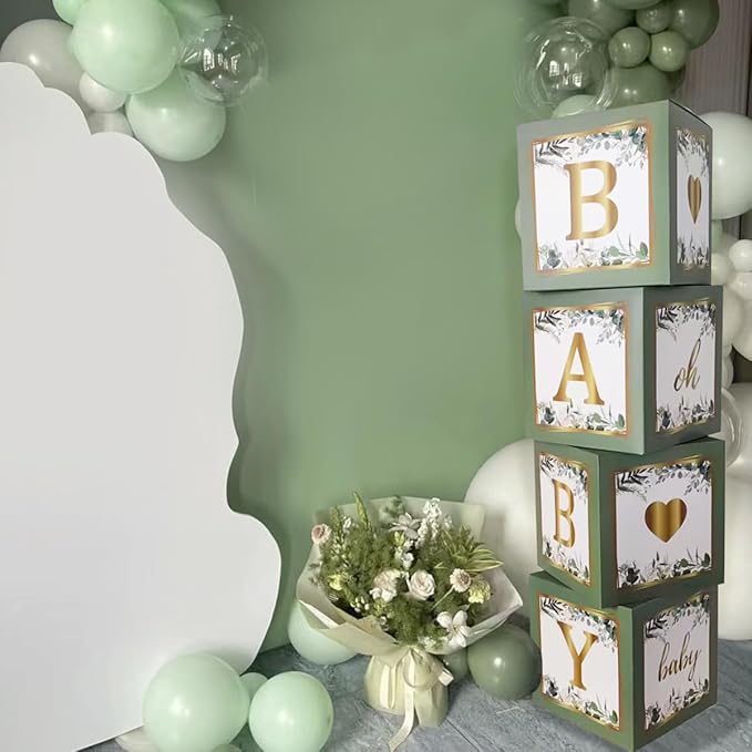 Quanbin Packaging Baby Boxes, Set of 4 Pcs Balloon Boxes with Gold Letters, Hawaiian Jungle Love Element Birthday Party Decoration Box for Baby Shower