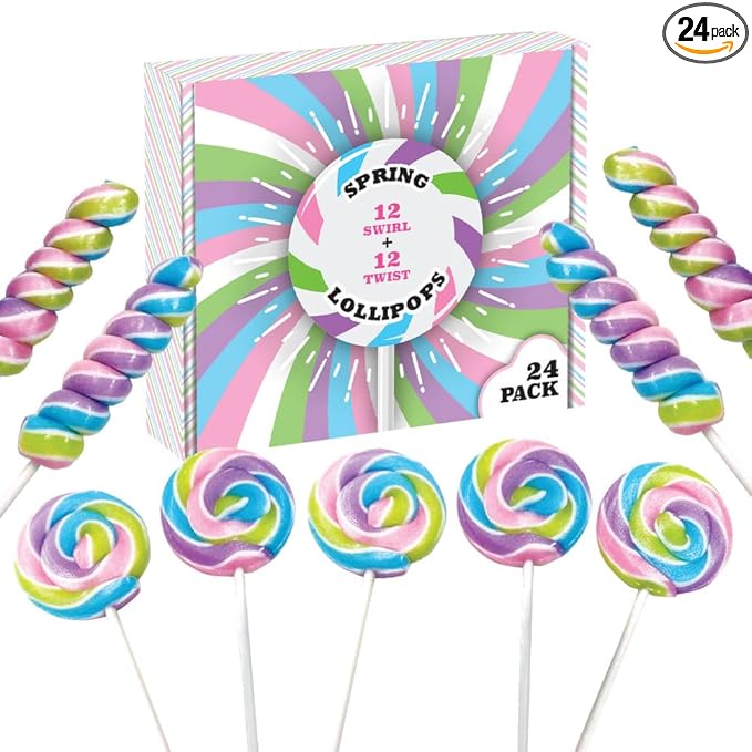 Spring Easter Candy - 24 Lollipops Individually Wrapped - 18g Swirl and 12g Twisty Lollipops - Easter Basket Candy - Egg Hunts - Candy Buffet