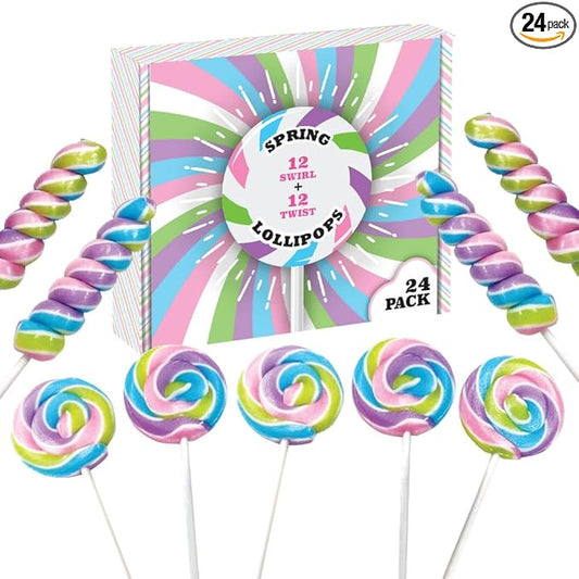 Spring Easter Candy - 24 Lollipops Individually Wrapped - 18g Swirl and 12g Twisty Lollipops - Easter Basket Candy - Egg Hunts - Candy Buffet