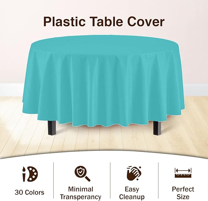 Party Solids 6-Pack Premium Plastic Tablecloth 84in. Round Plastic Table Cover - Aqua…