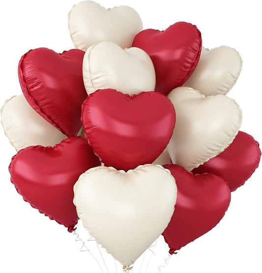 Red White Heart Balloons,12Pcs 18Inch Cream White Metallic Red Heart Shaped Foil Helium Balloons for Birthday Anniversary Wedding Engagement Party Decorations